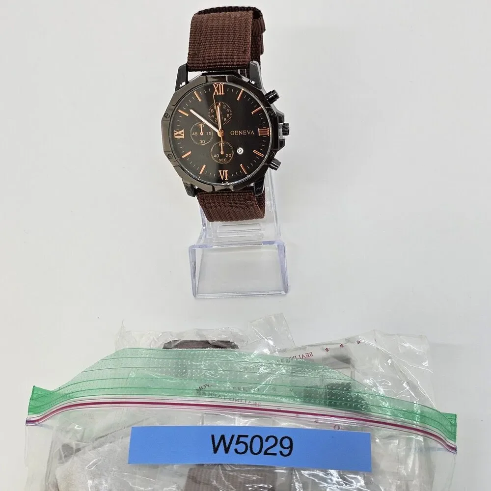 Men's Watch 42MM Black Dial Black Case Brown Canvas Band‎ Straps Date Indicator